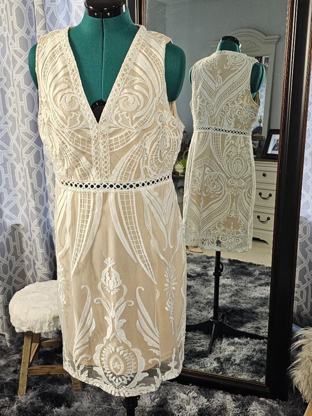 Sheilay Embroidered Mesh Dress, Size L • White Overlay • Geometric Lace Waist